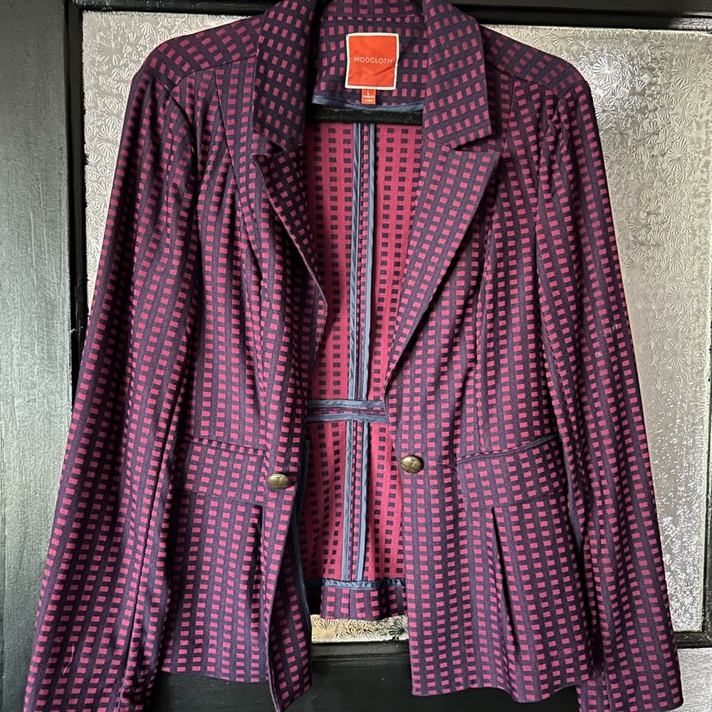 Modcloth Red and Navy Checkered Blazer